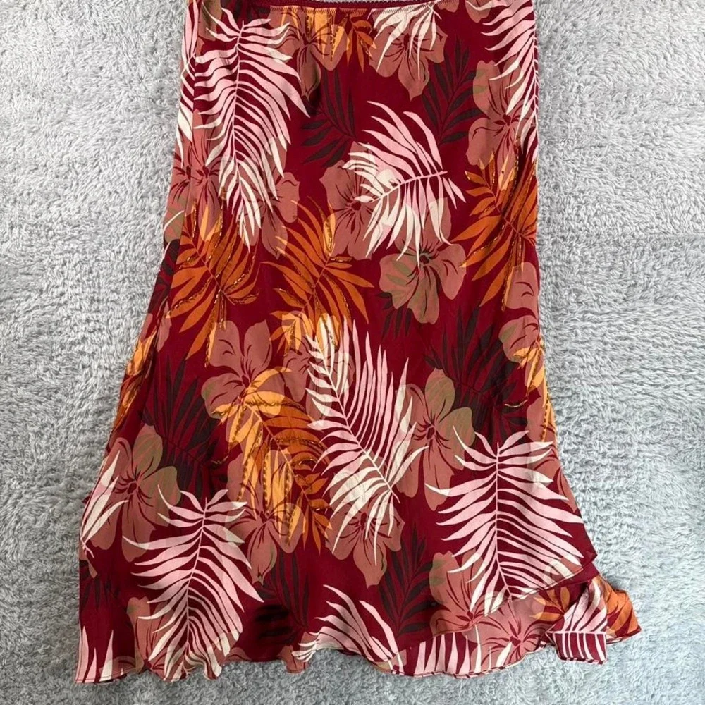 Red‎ floral silk maxi skirt with ruffle hem